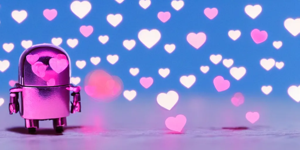 Image similar to a super cute tiny miniature realistic shiny robot typing on a keyboard with a deep blue fiber optical network in the background and lots of cute pink hearts floating around the realistic picture