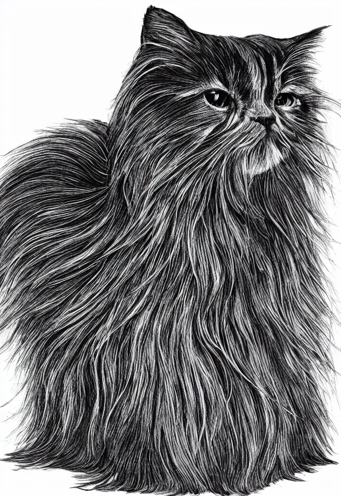 Image similar to longhair floof fluffy coiffed groom elegant gorgeously champion cute pretty scottish fold, radiant line art pen and ink and paint, grisaille dark monochrome with neon color airbrush spraypaint accents