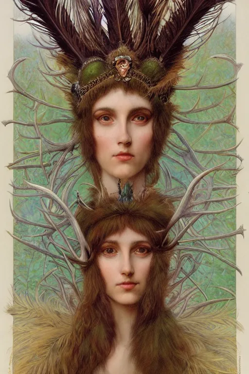 Image similar to a detailed portrait of a green haired brown eyed queen of feathers with an antler crown by wayne barlowe and mucha