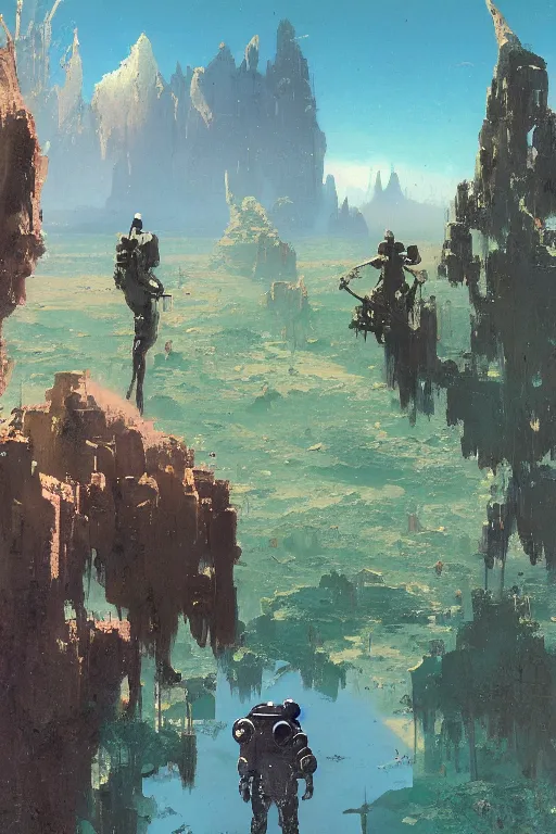 Image similar to 5 0 s pulp scifi illustration, space explorers in beautiful landscape, plain stretching into distance, pond, baobab trees, distant mountains, painted by bergey, craig mullins, john berkey, ruan jia, raymond swanland, jeremy mann, beksinski, jack kirby, tom lovell, alex malveda, schomburg