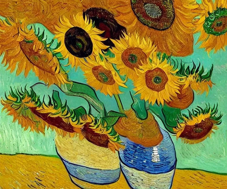 Image similar to sunflowers, van gogh, water painting, bright colors, sunlight, happy, peaceful, serene, joy