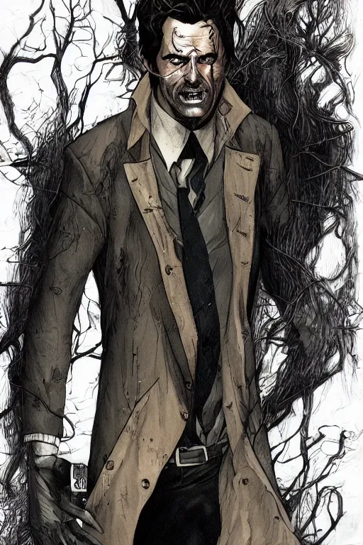 Prompt: john constantine in sleepy hollow, full body, big two toned eyes, teeth gritted, horror, intricate details, cinematic, epic, realistic, anatomy, tomer hanuka, uplight, artstation, photorealistic, scary