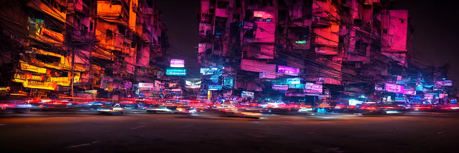 Image similar to Cyberpunk Traffic, futuristic Phnom-Penh Cambodia, neon dark lighting