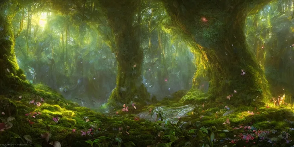 Image similar to a beautiful hyper realistic detailled matte painting of a serene magical forest in faeries land in a dark underground cave, moss and flowers, fireflies, art by Moebius and John Howe and Albert Bierstadt and Alena aenami, unreal engine, trending on artstation, barometric projection, rectilinear, f16