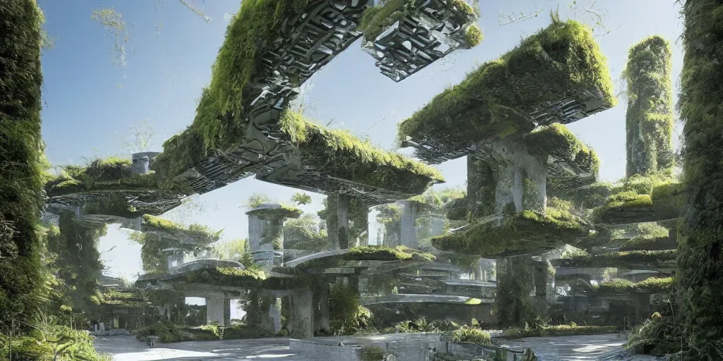 Image similar to concrete architecture with many walkways connecting the structures with moss and ivy growing all over, futuristic, late afternoon light, wispy clouds in a blue sky, by frank lloyd wright and greg rutkowski and ruan jia