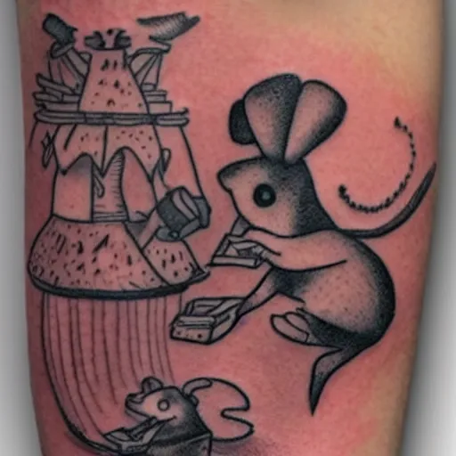 Prompt: tatoo skatch on girl's leg with cute rat reading newspapper sitting on mushroom