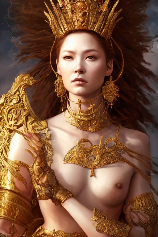 Image similar to a masterpiece ultrarealistic ultradetailed portrait of a very beautiful warrior queen, baroque renaissance. medium shot, intricate, elegant, by stanley artgerm lau, wlop, rossdraws, james jean, andrei riabovitchev, marc simonetti, light by julie bell, porcelain skin. global illumination. vfx