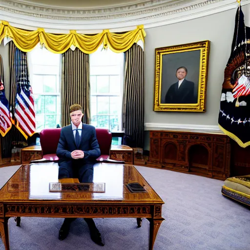 Image similar to Mark Zuckerberg the president of the united states sitting in the oval office, EOS-1D, f/1.4, ISO 200, 1/160s, 8K, RAW, unedited, symmetrical balance, in-frame, Photoshop, Nvidia, Topaz AI