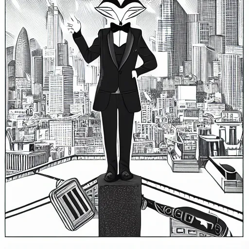 Prompt: anime ink line art of an anthropomorphic fox wearing a tuxedo as he stands on a city rooftop with a city in the background, black and white key manga visual