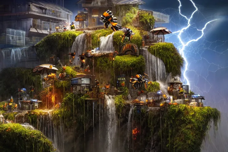 Prompt: mission waterfall favela honeybee hive, sci - fi environment, lightning, industrial factory, award winning art, epic dreamlike fantasy landscape, ultra realistic,