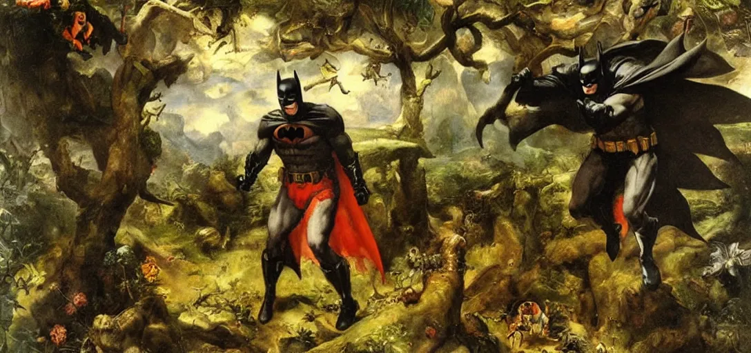 Image similar to batman entering the garden of eden, detailed oil painting by jan matejko