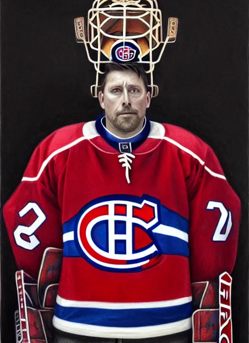 Image similar to portrait of supreme goaltender patrick roy, habs royalty, extravagant, lord, full body equipment, military goalie uniform, 4 stanley cups, fantasy, intricate, elegant, beautiful, highly detailed, charcoal, centered, dark, smokey, digital painting, artstation, concept art, art by artgerm and greg rutkowski and alphonse mucha