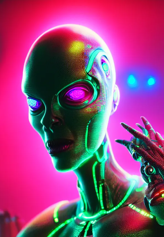 Image similar to ultra realist intricate detailed painting of a single attractive alien female, neon scales and cyborg tech, hyperrealistic, soft lighting, octane render