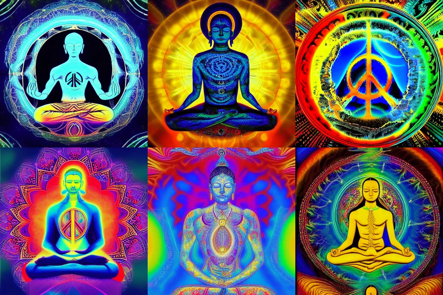 Image similar to human meditating supreme peace immense knowledge infinite color dmt art blue black gold love