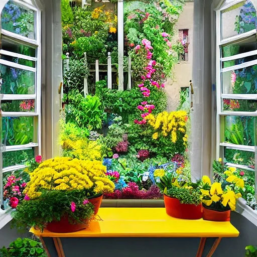 Image similar to “A painting of a pretty garden with yellow flowers in pots on a bench, a basket of flowers on the ground, a vase with more flowers, and in the centre, there's a window. On the sill is another planter with flowers and above the window is a spectacular array of hanging plants. In front of the window, propped up against the sill is an old pushbike”