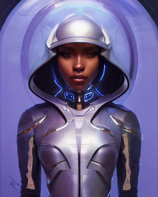 Image similar to Portrait of very very very very very very beautiful black woman, spacesuit, futuristic cybernetic helmet, blue eyes, real life skin, intricate, elegant, highly detailed, artstation, concept art, smooth, sharp focus, art by artgerm and greg rutkowski and alphonse mucha