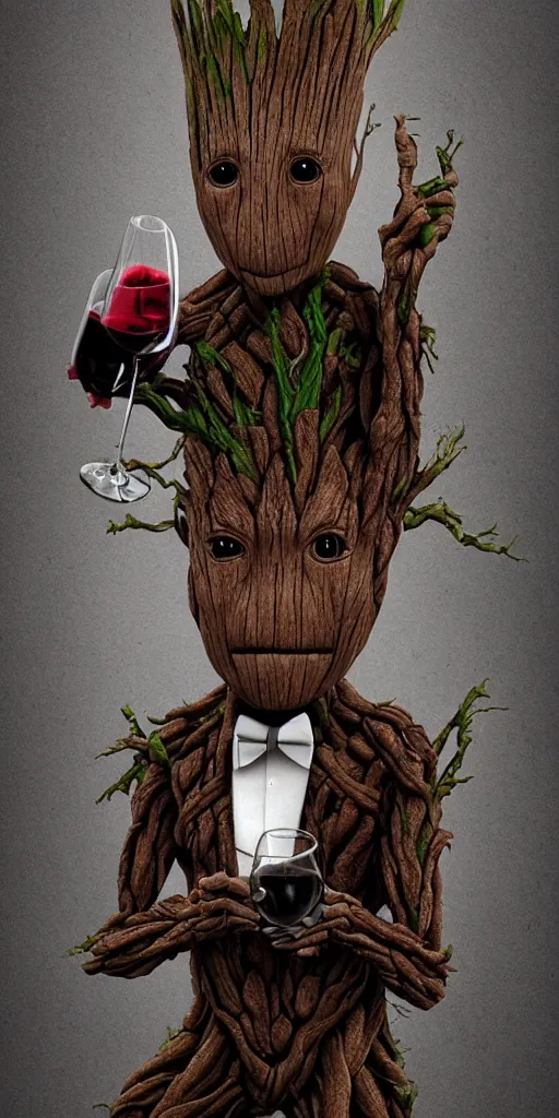 Prompt: realistic groot as a gentleman wearing tuxedo drinking wine, digital art, trending on artstation, behance, octane, intricate, ornate, photorealistic, hyper realism, high detail, movie shot, studio lighting, 8 k, vivid colors, smooth gradients, cinematic