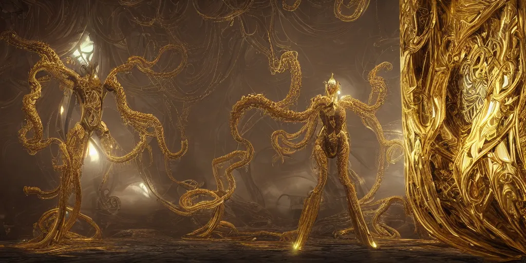 Image similar to a photo of 8k ultra realistic corrupted lovecraftian golden humanoid queen standing next to a spaceship window, 8 intricate white and gold tentacles, ornate white and gold armour, cinematic lighting, trending on artstation, 4k, hyperrealistic, focused, high details, unreal engine 5, cinematic, masterpiece