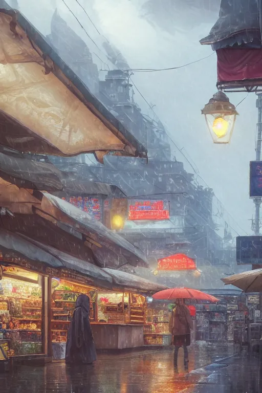 Prompt: a highly detailed matte painting of a single market stall with a sign in lightning storm and heavy rain by studio ghibli, makoto shinkai, by artgerm, by wlop, by greg rutkowski, volumetric lighting, octane render, 4 k resolution, trending on artstation, masterpiece