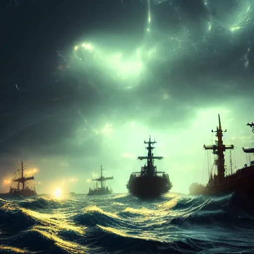 Prompt: ghost ships on a stormy sea with galaxies in the sky ,highly detailed, 4k, HDR, award-winning, artstation, octane render