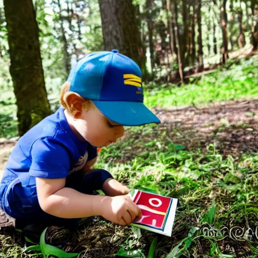 Prompt: toddler putting a sticker on a truck in the woods