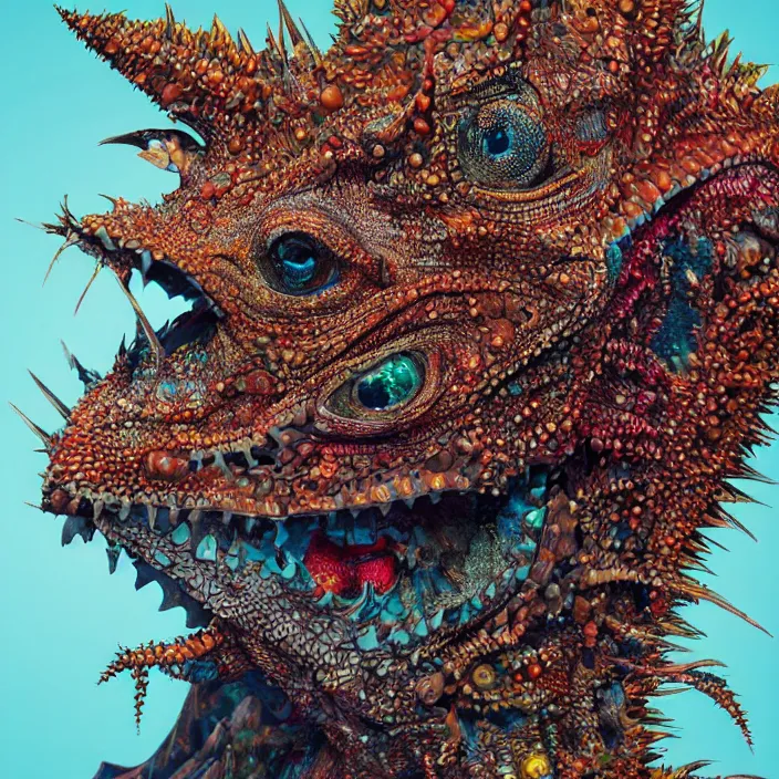 Prompt: a realistic portrait of an intricately detailed thorny devil lizard head on a woman's body, colorful - patterns, cyber - punk background, professional studio lighting with subtle shadows, hyper realism, art by android jones, blender cycles render, 8 k high octane