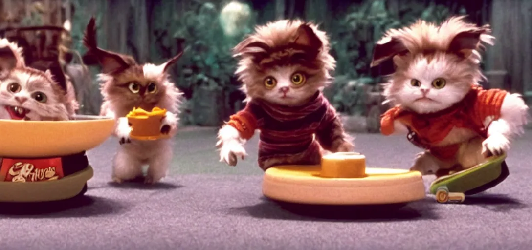 Image similar to mogwai gizmo and rufio skateboarding inside a cereal bowl, movie still, 8 k, hd, from the new honey i shrunk the kids movie