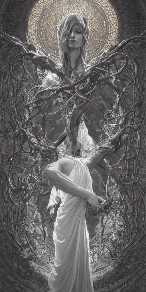 Image similar to ultra realistic illustration, a statue of the tree of life, intricate, elegant, highly detailed, digital painting, artstation, concept art, smooth, sharp focus, illustration, art by artgerm and greg rutkowski and alphonse mucha