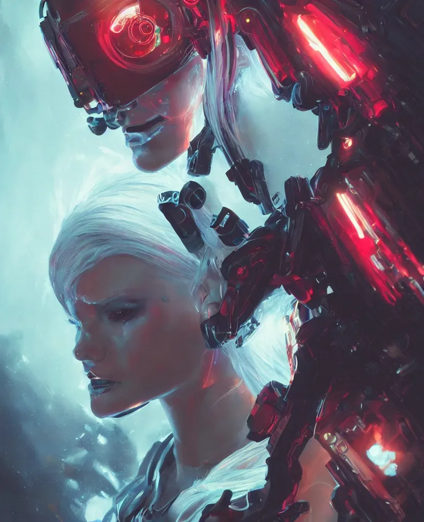 Image similar to A beautiful painting of a cyberpunk space jocky, girl with white hair fire red eyes sensual stare, Trending on artstation. augmentations and cybernetic enhancements neon circuits, greg rutkowski , hyperrealist, cinema4D, 8k highly detailed ❤️‍🔥 🔥 💀 🤖 🚀