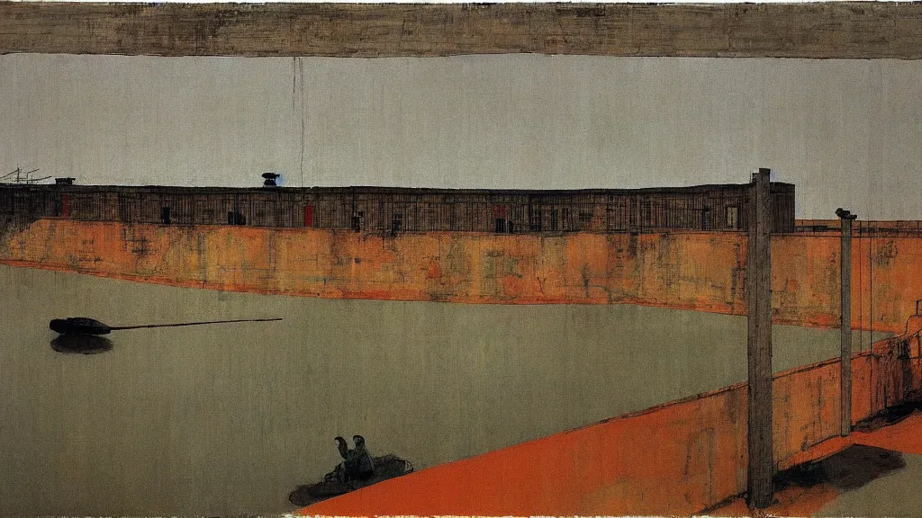 Image similar to a chinese prison near a river by peter doig, muted colors