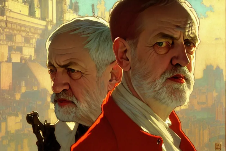 Image similar to jeremy corbyn, nier autoamata, highly detailed painting by ilya kuvshinov, alphonse mucha, gaston bussiere, craig mullins, j. c. leyendecker 8 k