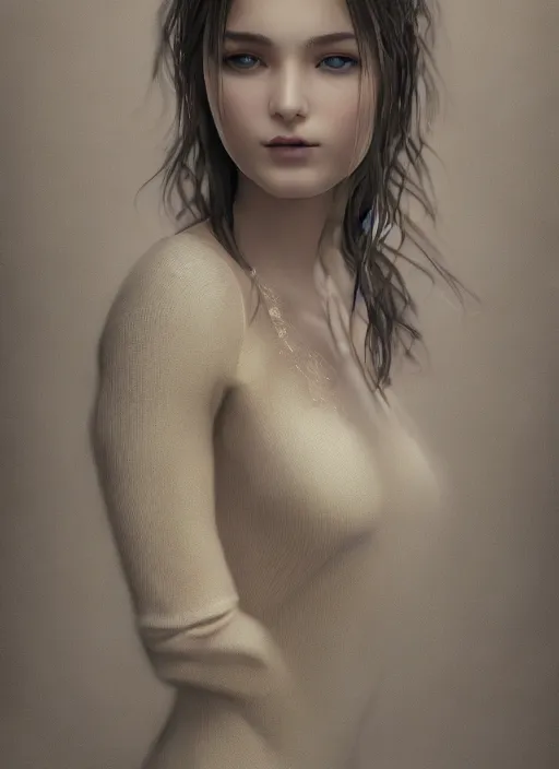 Image similar to a realistic photo portrait of beautiful 👧 with soft 👀 fashion modeling pose, full body, like a professional model, face by WLOP, body by Alex Flores, face symmetry, style of Dan Luvisi, and Charlie Bowater, artstation, rendered, cinematic color grading, muted colors, soft light, rule of thirds, cinematic