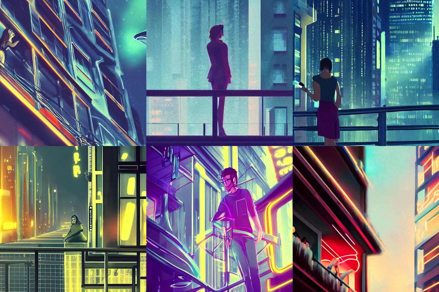 Prompt: close-up of a person wearing leaning on a balcony railing with eyes closed, smoking a cigarette, futuristic city with a few neon signs at night in the rain, digital art, trending on artstation