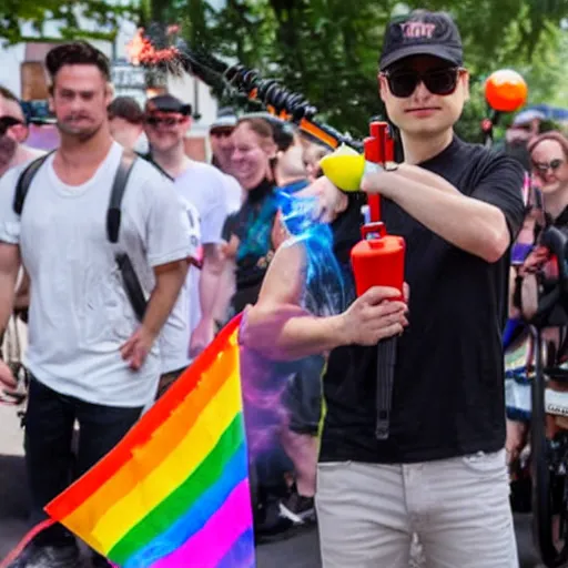 Prompt: Ben Shapiro with a flamethrower at a pride parade