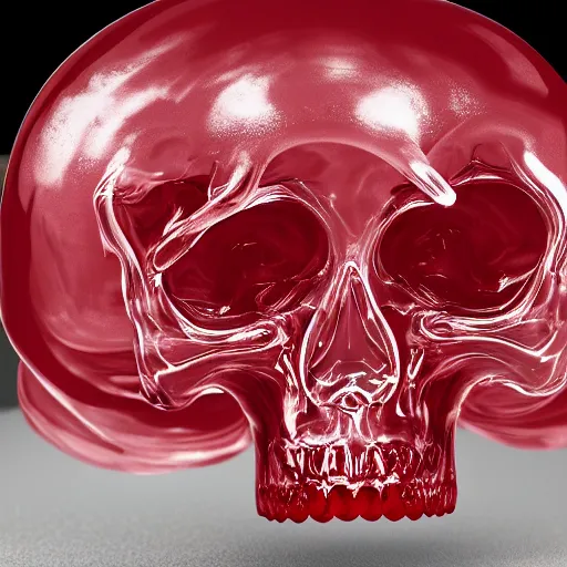 Image similar to transparent half filled with turbulent red liquid inside in a leaking transparent skull