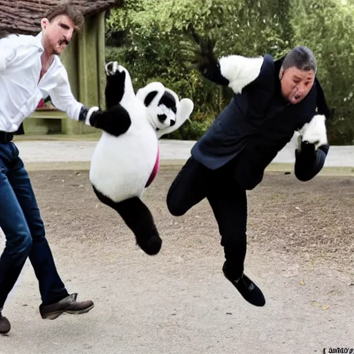 Prompt: Handsome French man falling as it gets kicked by a cute jumping stuffed panda