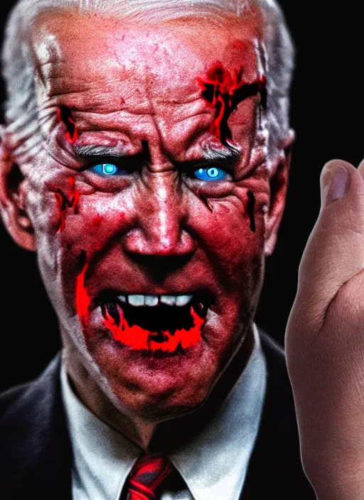 Image similar to hyper realistic terror photo Doom horror furious glowing red eyes biden