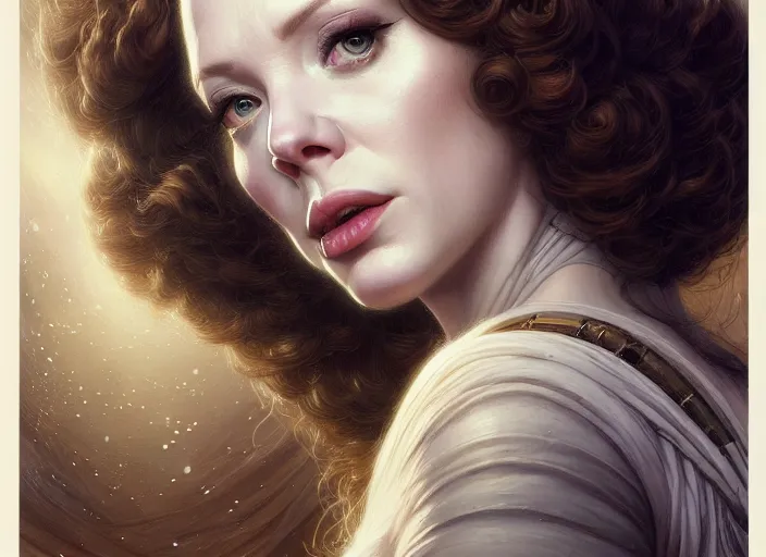 Prompt: low angle portrait shot of christina hendricks in star wars, intricate, elegant, highly detailed, centered, digital painting, artstation, concept art, smooth, sharp focus, illustration, artgerm, tomasz alen kopera, peter mohrbacher, donato giancola, joseph christian leyendecker, wlop, boris vallejo