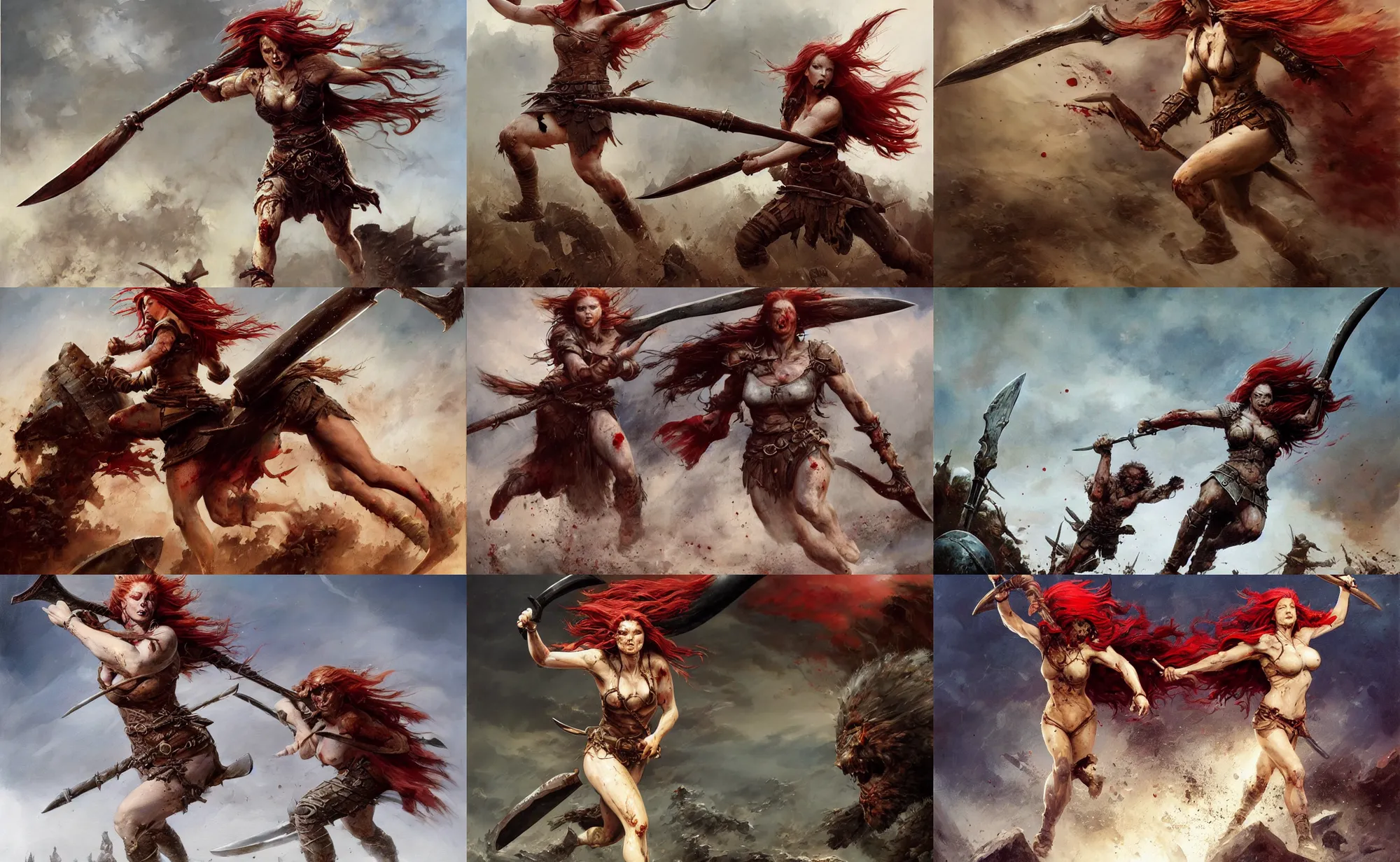 Prompt: An oil painting of a beautiful red-haired woman running with a bloodied war-axe, very aesthetic, detailed face, by Frank Frazetta, Greg Rutkowski, Boris Vallejo, Neal Hanson, Christian MacNevin, epic fantasy character art, goddess of war, detailed viking rune armor, high fantasy, full length, exquisite detail, post-processing, low angle, masterpiece, cinematic, colossal dragon in background