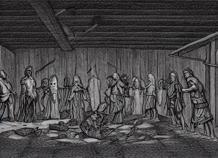 Prompt: photo of a queue of many cultists in a barn in front of a sacrificial altar with the head cultist hilding a ceremony knife in the center