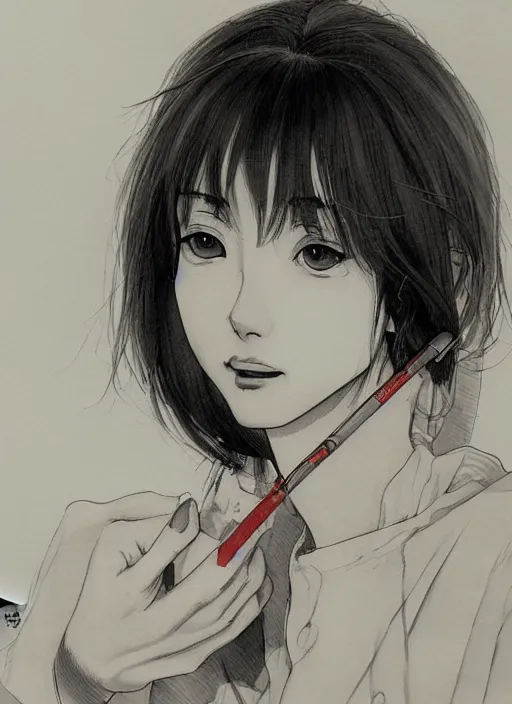 Prompt: portrait of a beautiful girl smoking a cigarette, by takehiko inoue and kim jung gi and hiroya oku, masterpiece illustration, ultrarealistic, perfect hands,