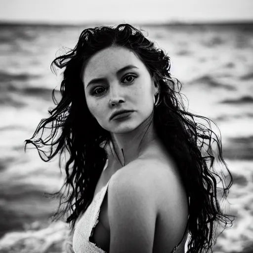 Image similar to A beautiful woman. beautiful face. melancholic. sad. in the middle of the ocean. detailed. photorealism. granular photography. tumultuous sea. cloudy. long wavy hair. long wavy white dress. black and white. 24mm lens. shutter speed 4/1. iso 100. f/2.8 W-1024