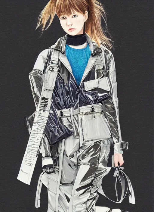 Prompt: a copic maker highly detailed full body portrait illustration by olka osadzinka, yoshiyuki sadamoto of a woman wearing a cargo anorak and leggins utility chic, sheer fabrics, zippers, belts & velcro galore, chic'techno fashion trend by issey miyake and balenciaga