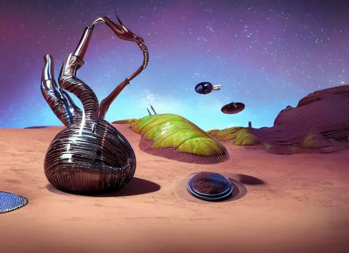Prompt: close up photograph of a strange surrealist detailed alien electronic-musical-instrument!!, designed by pixar!!, in the background is a bryce 3d surrealist landscape biome, hyper detailed, photorealistic, 8k, hd