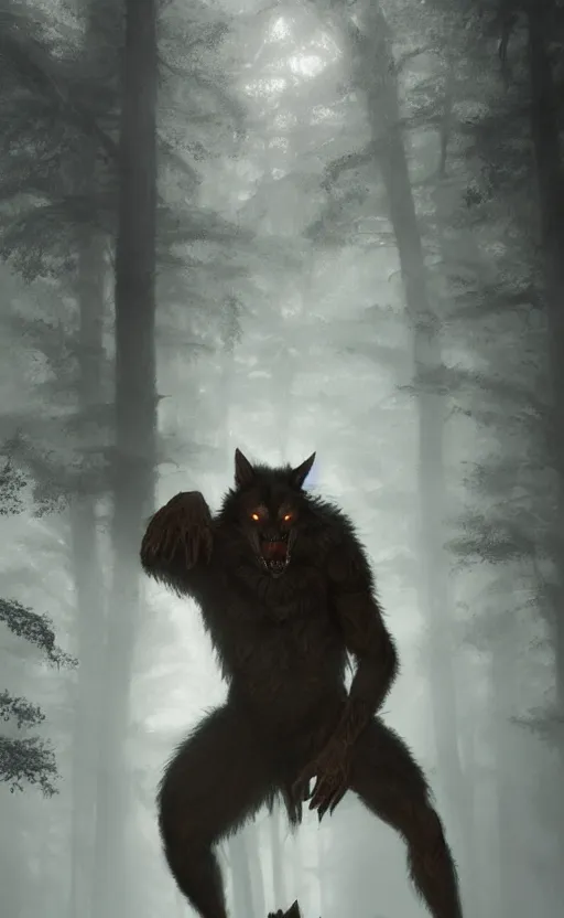 Image similar to hyperrealistic, Portrait of a werewolf crouched in a foggy forest, fantasy, yellow eyes, highly detailed, cinematic lighting, digital art painting by greg rutkowski