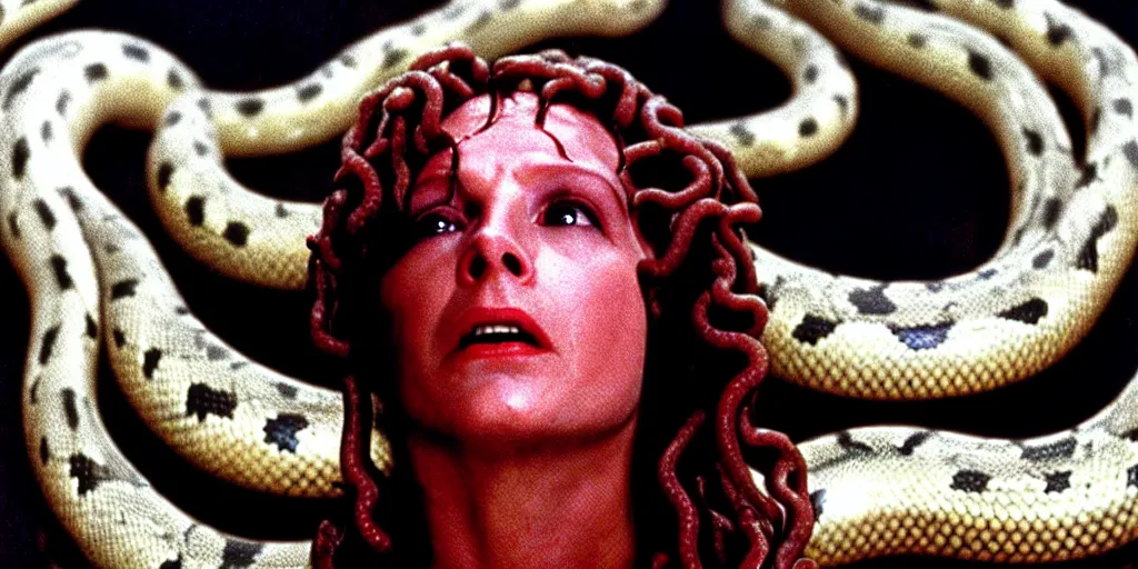 Image similar to medusa, with small snakes for hair, still from the movie the thing ( 1 9 8 1 )