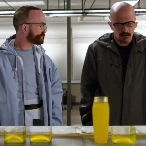 Image similar to walter white and jessie pinkman in gus frings underground laboratory on top of howard hamlin and lalo salamunca