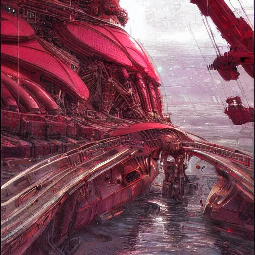 Image similar to red 🧥♀ on a biopunk ship, by jon foster