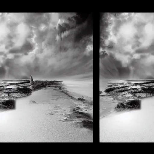 Image similar to being caught between the waking world and a dream state, black and white matte painting