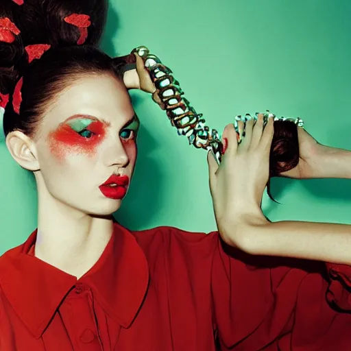 Image similar to a studio close - up portrait of a beautiful fashion model curls her hair. surreal photograph, lo - fi, polished look, silly and serious, hermes ad, fashion photography, toiletpaper magazine, 3 5 mm photograph, colourful, by pierpaolo ferrari, maurizio cattelan